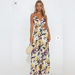 FashionNova Floral Print Cutout Wide-Leg Jumpsuit - Yellow Multicolor